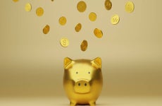 Golden piggy bank and golden coins