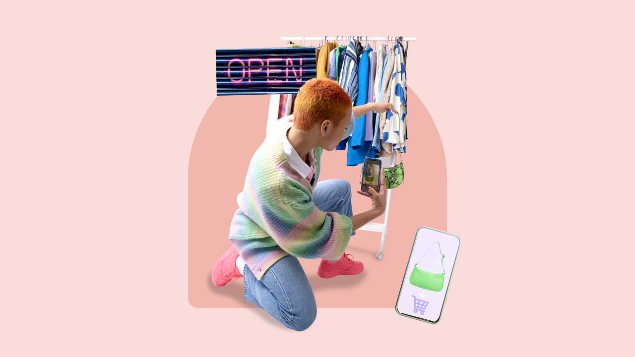 design image of an adult taking photos of clothing items