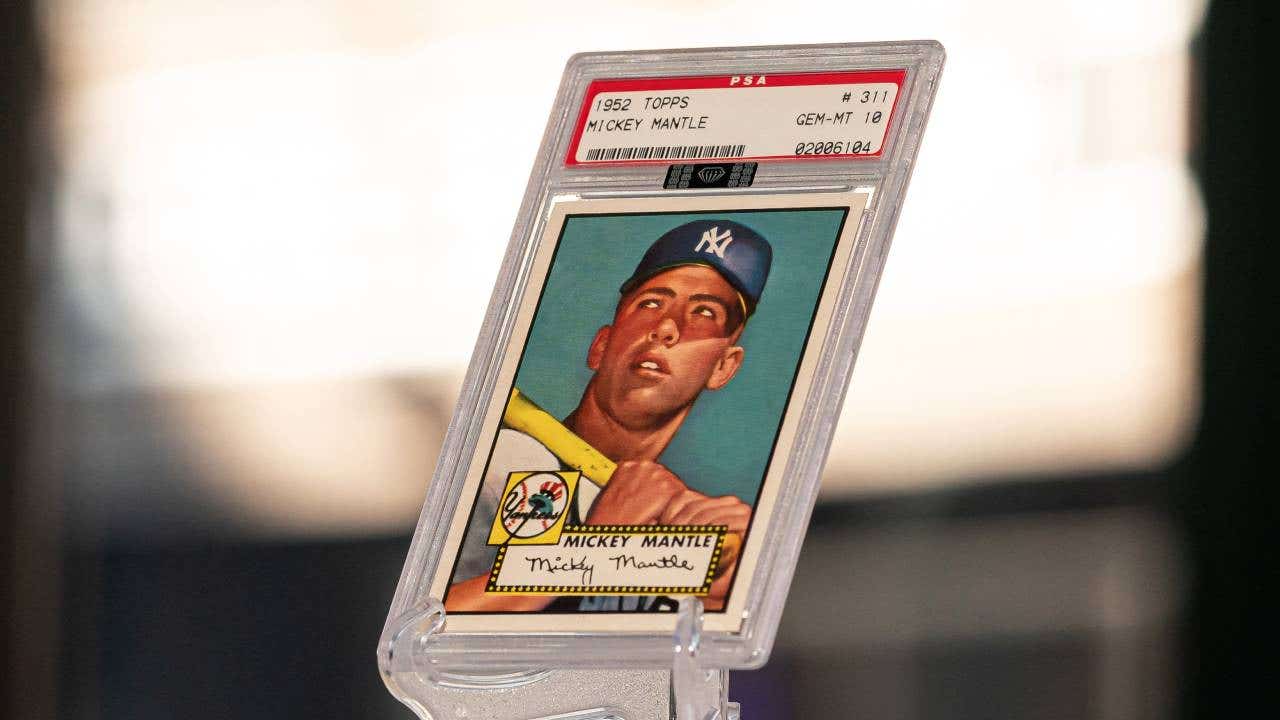 Close-up of a Mickey Mantle baseball card.