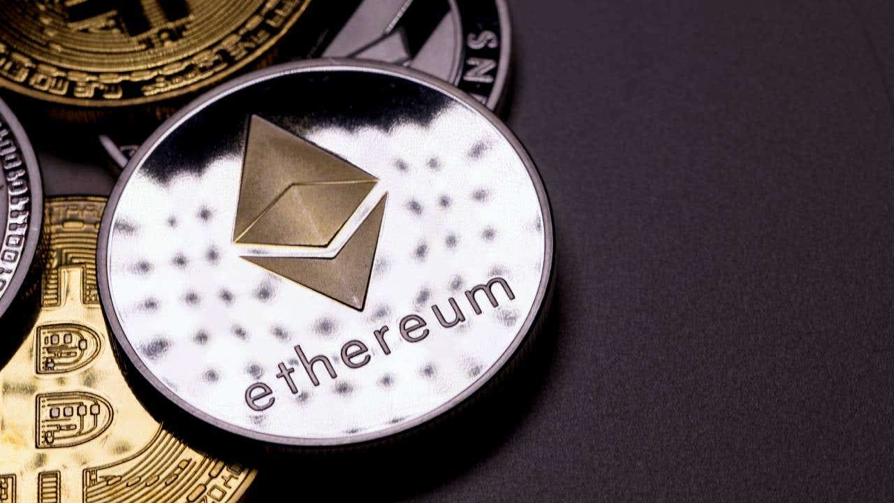 Close-up of an artist's rendering of an Ethereum coin.