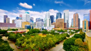 Panorama of aerial view of Downtown Houston, Texas, USA