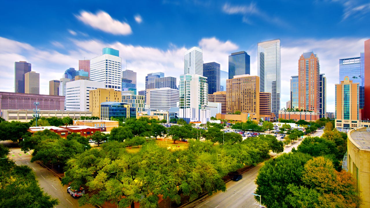 Panorama of aerial view of Downtown Houston, Texas, USA