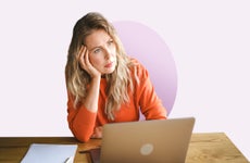 Design element of woman sitting at desk in front of laptop.