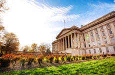 View of Treasury Building in Washington DC National Historic Landmark which is the headquarters of the department