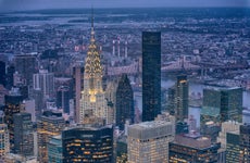 New York City skyline at dusk.