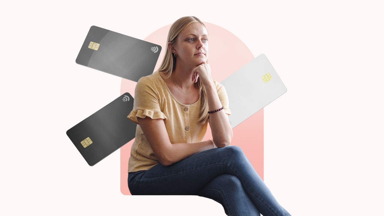 Design element of a person sitting with credit cards in the background