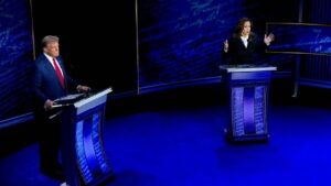 US Vice President Kamala Harris, right, and former US President Donald Trump during the second presidential debate at the Pennsylvania Convention Center in Philadelphia, Pennsylvania, US, on Tuesday, Sept. 10, 2024.