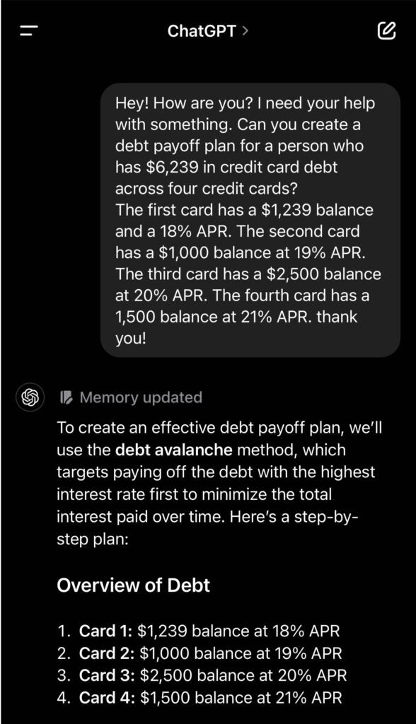 Screenshot asking ChatGPT for debt payoff plan