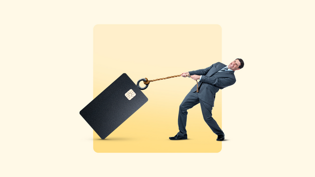 Illustration of man being pulled back by a credit card