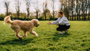 Woman playing fetch with her dog