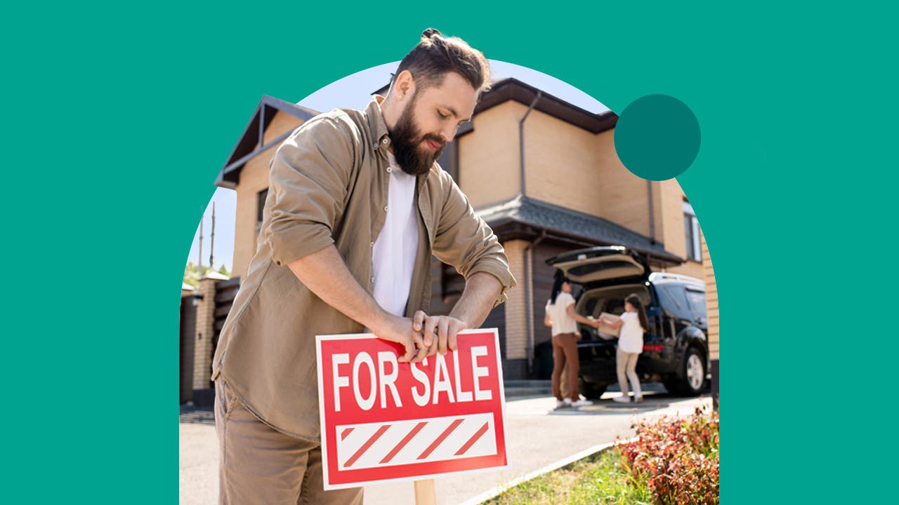 Homeowner putting up a For Sale sign in yard of suburban home - photo illustration