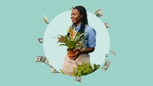 Graphic of a person carrying a plant with various types of U.S. currency arranged around them in a circle.