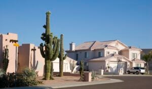 Spanish-style homes in Phoenix with saguaro cacti in front yards