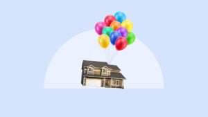 photo illustration - suburban home tied to a bunch of colorful balloons