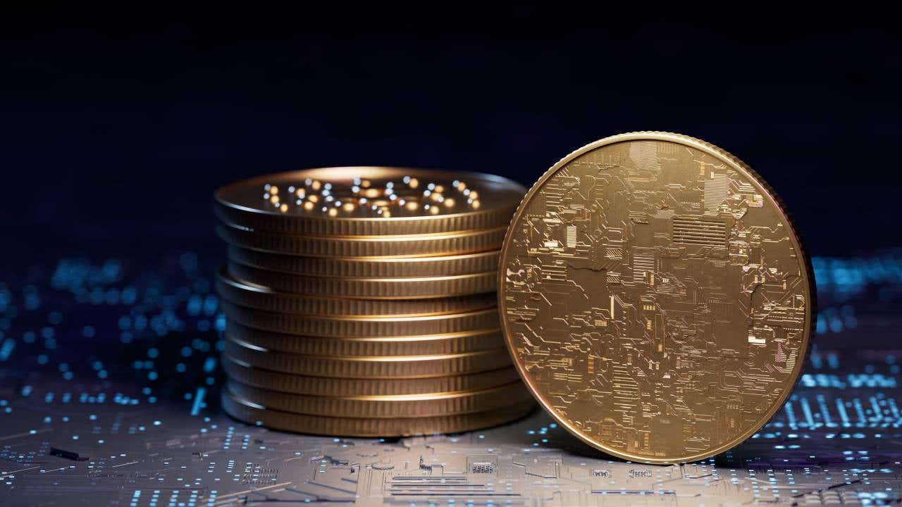 A stack of golden coins representing crypto tokens.