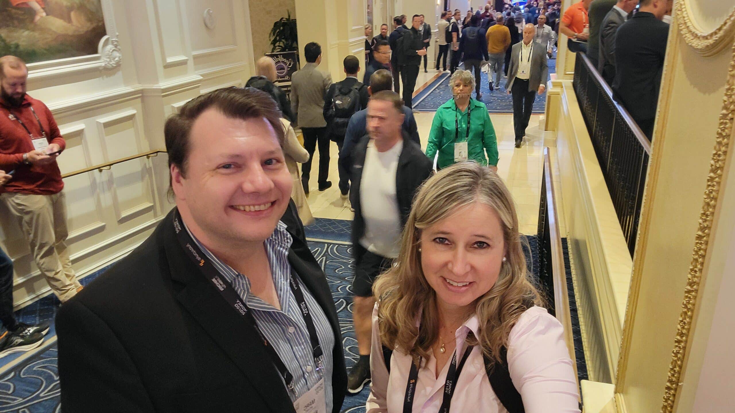 Bankrate writer Karen Bennett and editor Marc Wojno pose in a selfie at the Money 20/20 conference in Las Vegas.