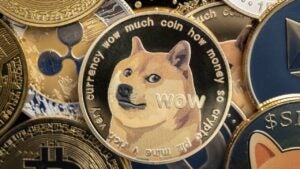 Various crypto tokens with a Dogecoin on top.