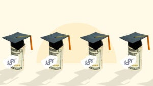 An illustration of four rolls of twenty dollar bills with graduation caps on