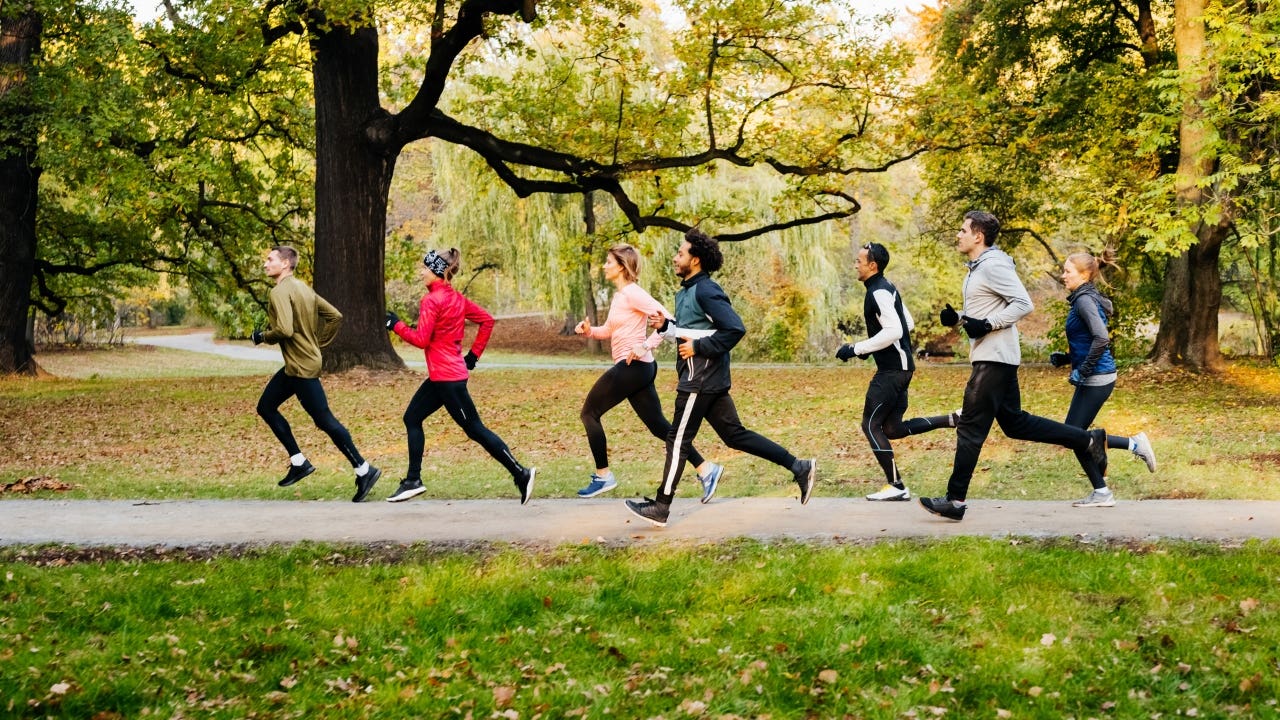 group of people running down a trail