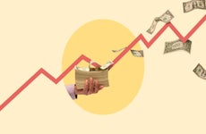 Illustration of a person holding money, while interest rates are moving in the background