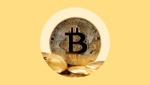 Illustration of a Bitcoin on a yellow background.