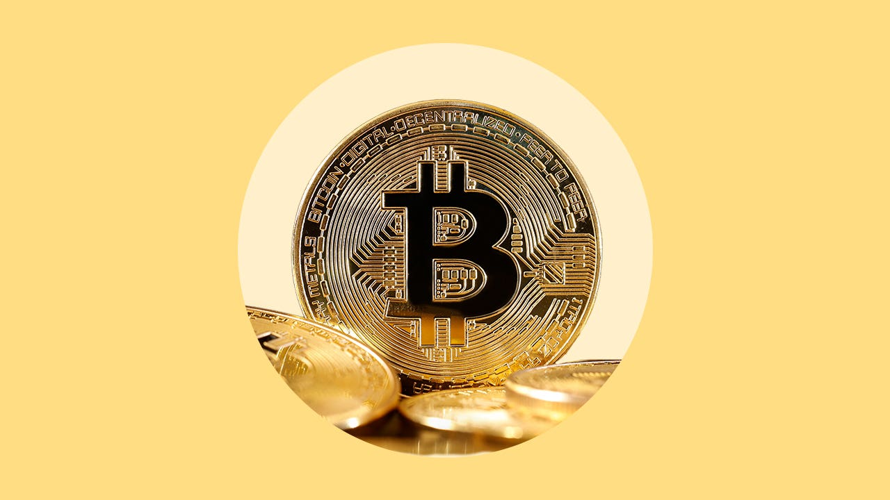 Illustration of a Bitcoin on a yellow background.