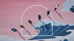 abstract image of small business owners lined up against a tidal wave background.