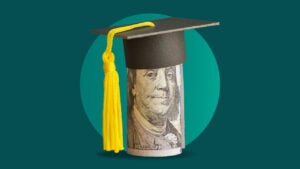 Design element of a rolled up dollar bill with a graduation cap on top.