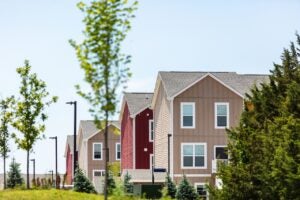 exterior view row of red and tan houses in northwestern kansas