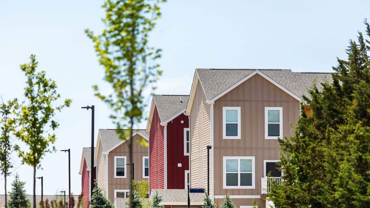 exterior view row of red and tan houses in northwestern kansas