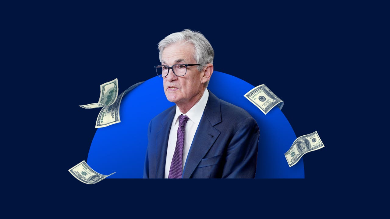 Illustration of Fed Chair Jerome Powell and money