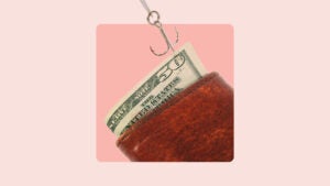 A $50 bill (USD) in a wallet is being grabbed by a fish hook. It is against a pink square on a lighter pink background.