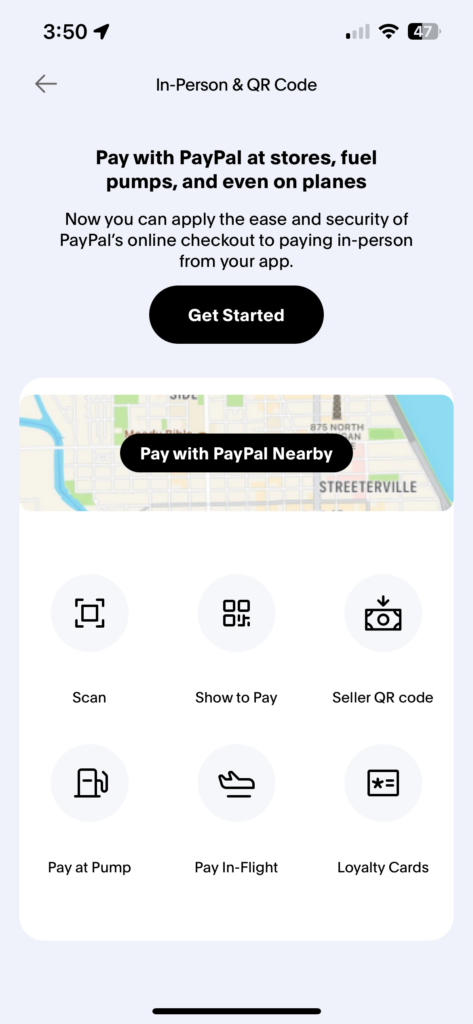 Screenshot of PayPal app showing pay in-store options