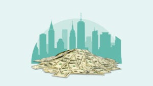 Design element of a pile of cash with a illustration of a city in the background