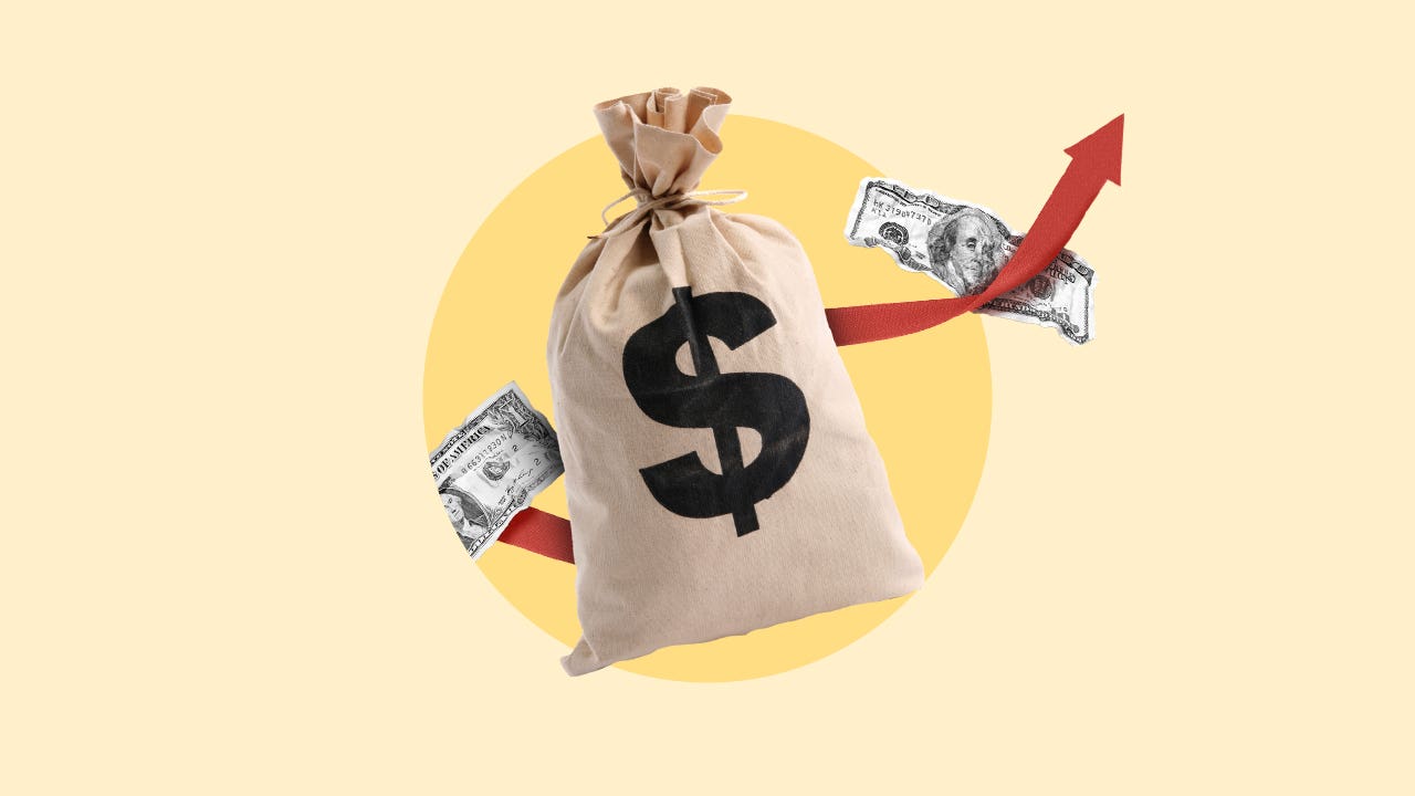 A bag with a dollar symbol on it and arrow pointing up and to the right with an illustrated yellow background and a single dollar bill on the left and a single hundred dollar bill on the right