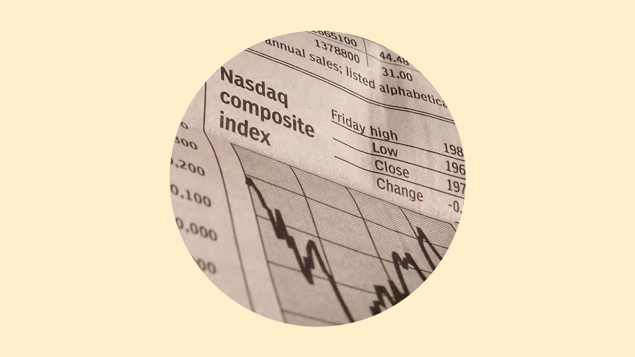 A graph of the Nasdaq Composite Index in a circle in front of a yellow background.