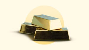 A stack of three gold bars on a yellow background with a yellow circle