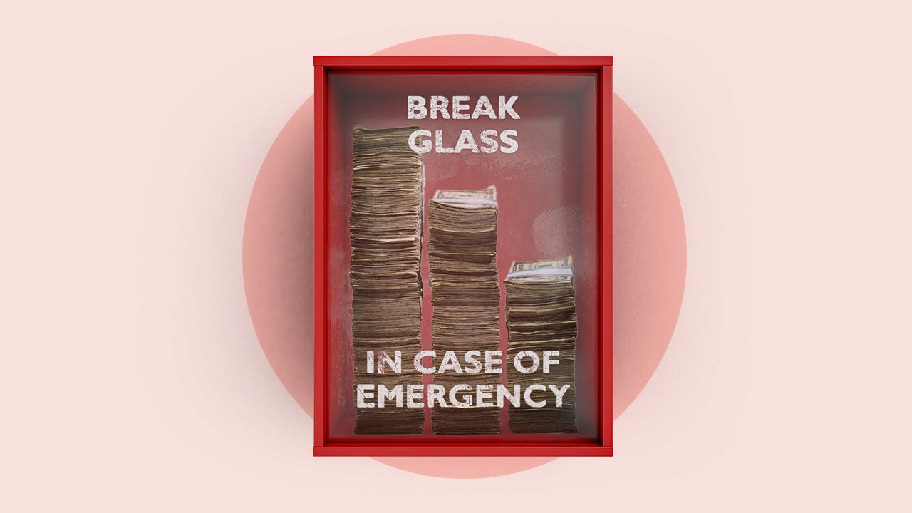 Design element of a fire alarm that says break glass in case of emergency with stacks of cash inside