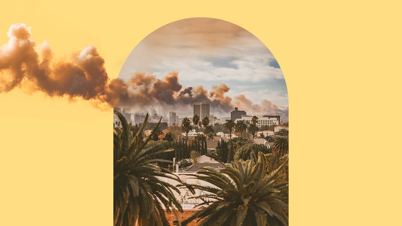 Los Angeles cityscape with palm trees and plumes of smoke in the sky