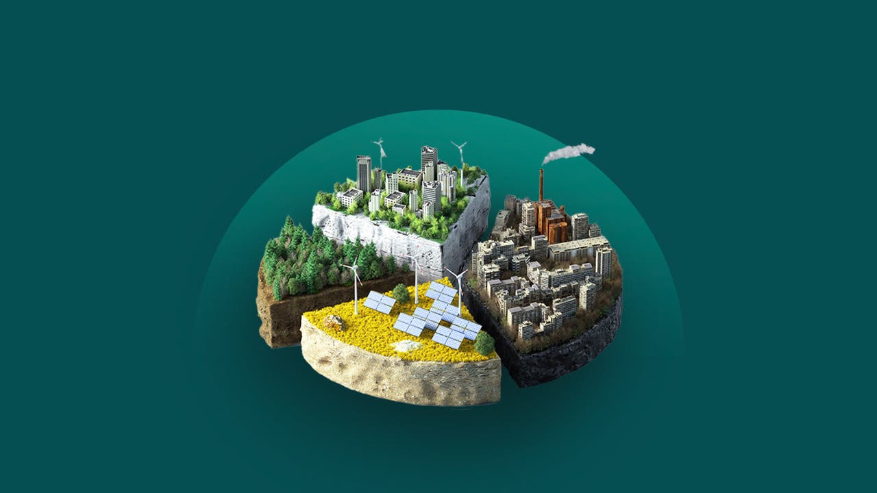 Illustration showing a circle divided like a pie chart into four sections, with the sections topped by a forest, a cityscape, an industrial park, and a solar panel farm.