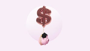 A piggy bank suspended under a dollar sign.