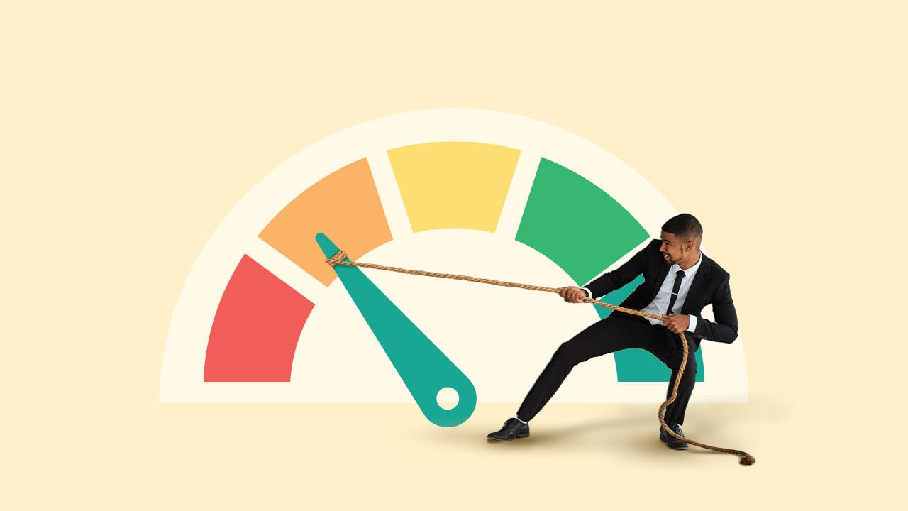 The graphic depicts a range intended to reflect credit score ranges, with an African American male using a rope to pull the gauge toward the higher end of the range