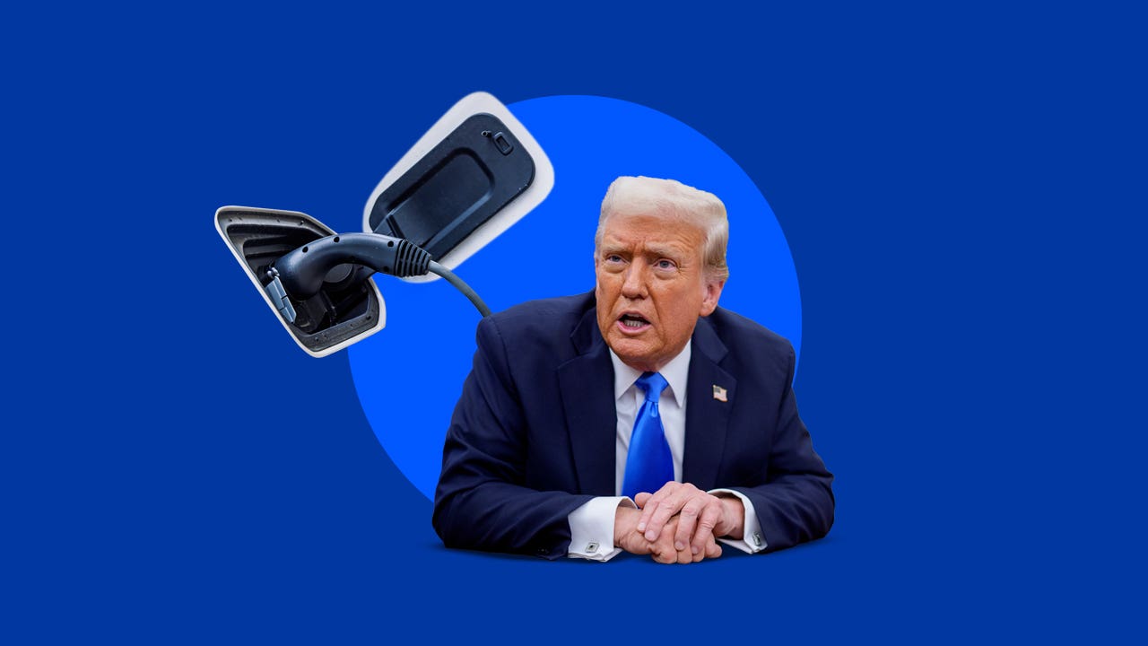 illustration depicting trump and a cutout of an EV pump