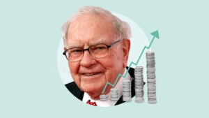 Photo illustration featuring headshot of Warren Buffett next stacks of coins and a rising green arrow.