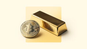 Photo illustration of a gold bar next to a depiction of a Bitcion token.