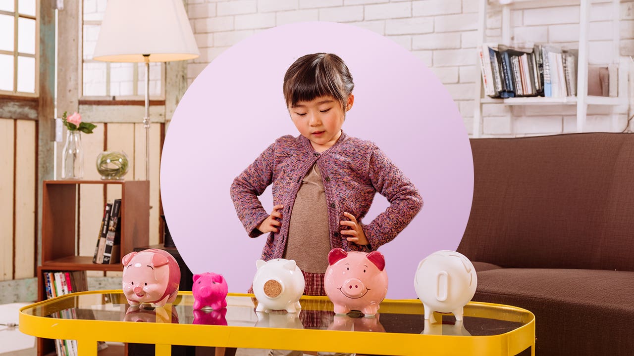 Design element of a child standing in front of a table, looking at several piggy banks