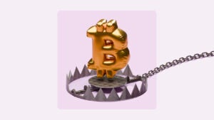 An illustration of a bear trap with a Bitcoin symbol-shaped balloon hovering above it.