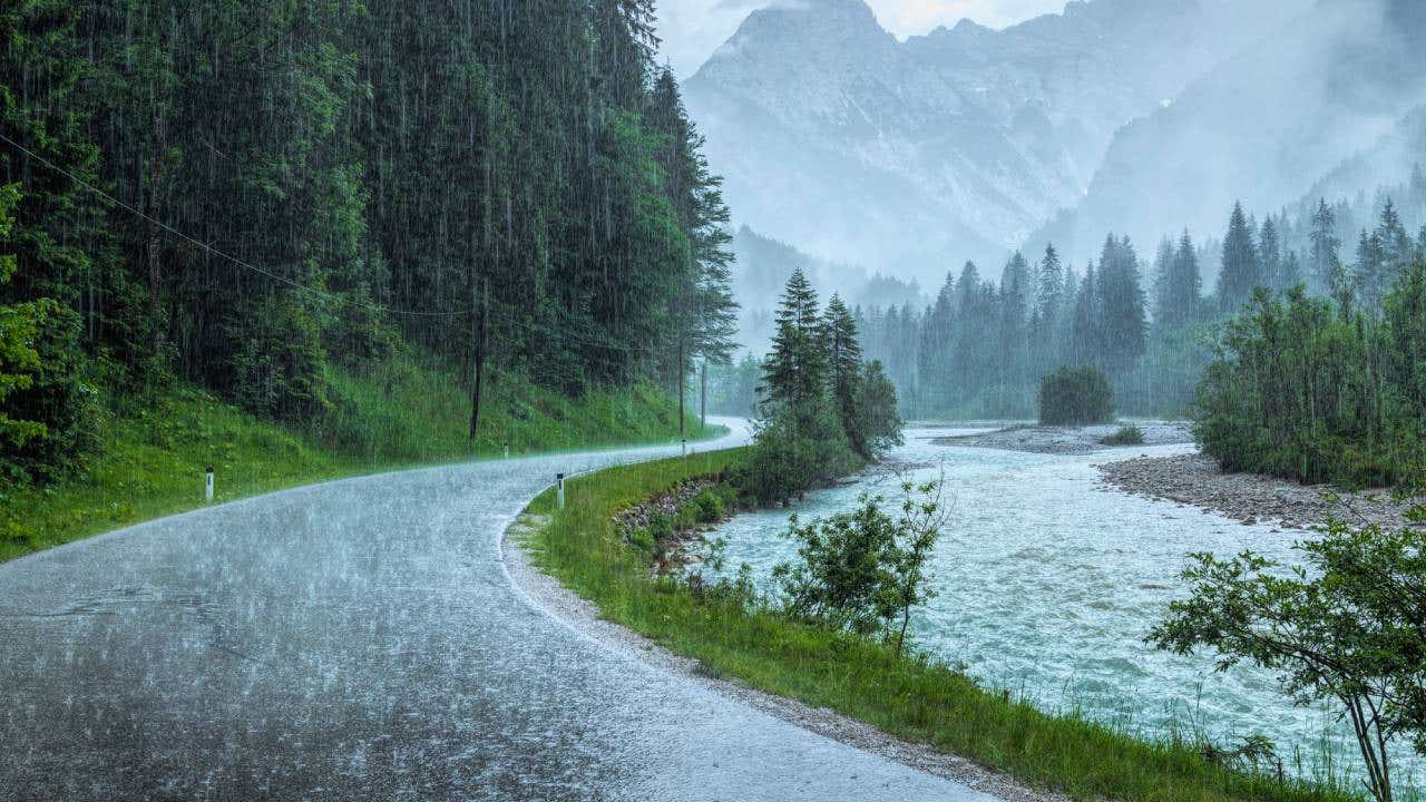 Heavy rains fall on street