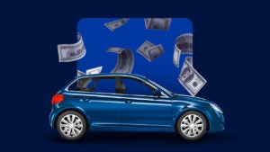 blue vehicle shown with dollar bills falling down onto it