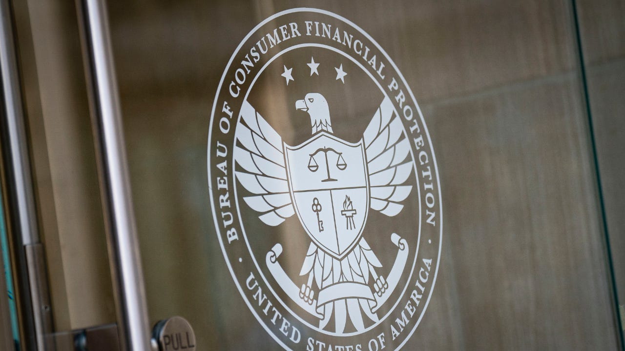 The seal of the US Consumer Financial Protection Bureau (CFPB) at the agency's headquarters in Washington, DC